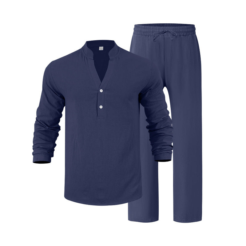 Herren komfortables Homewear-Set mit eleganter Knopfleiste und langen Hosen EB