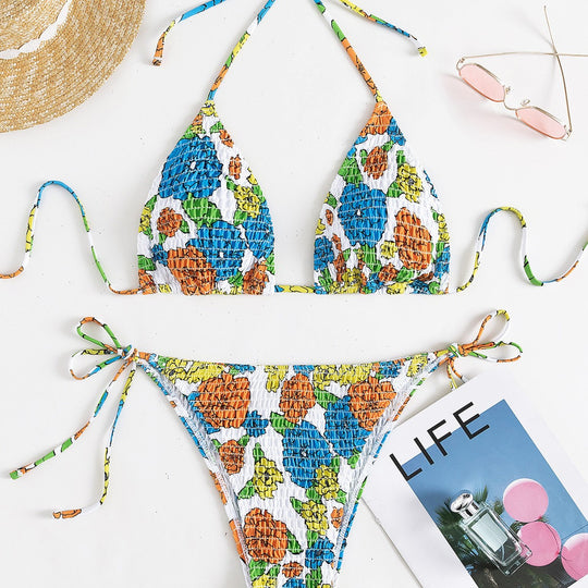 Damen Triangel-Bikini mit buntem Floral-Muster und elastischen Bindebändern EB