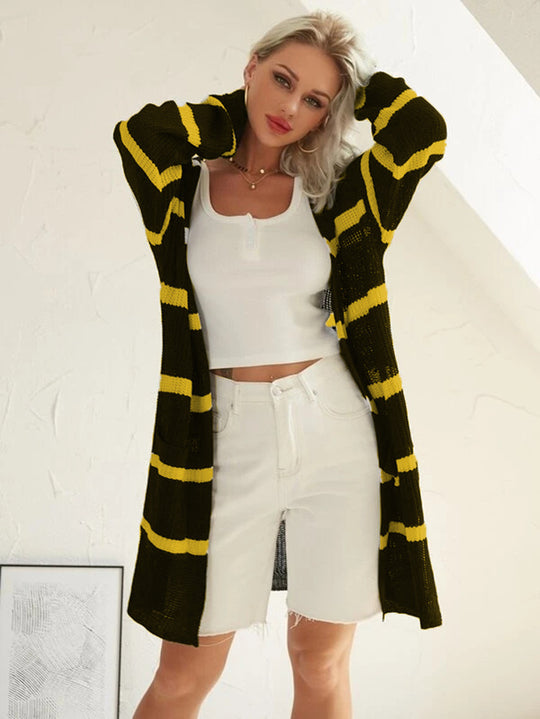 Damen lässiger Strickcardigan mit gestreiftem Design und offenen Fronten EB