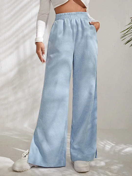 Damen Weite Cord-Hose mit elastischem Bund und seitlichen Schlitzen EB