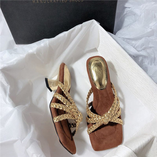 Damen elegante Mules mit geflochtenem Riemendesign EB