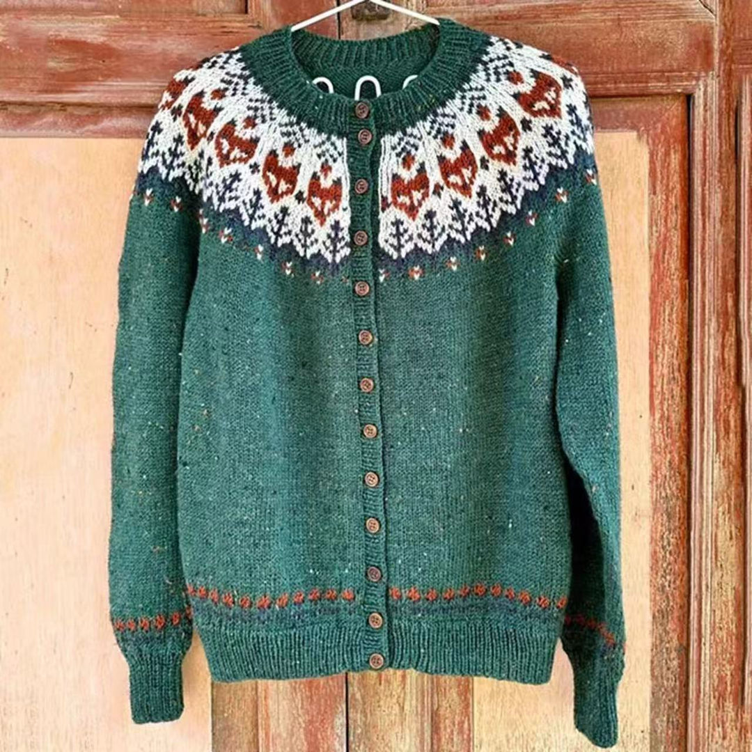 Damen nan gemusterte Strickjacke mit Rundpasse, Holzknöpfen und Eingrifftaschen EB