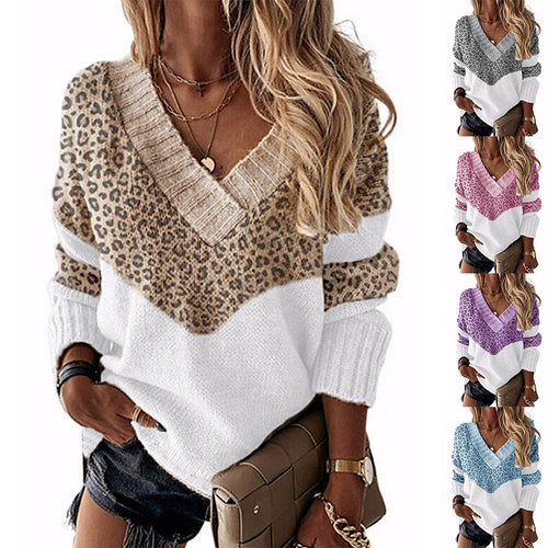 Damen V-Ausschnitt Pullover mit Leopardenmuster EB