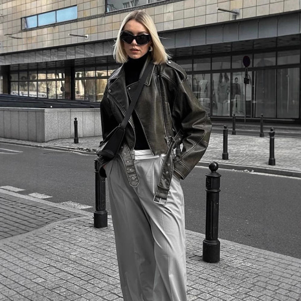 EB | Damen Lederjacke mit Reißverschluss und GürtelDetails