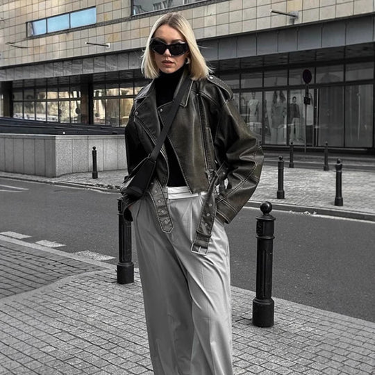 EB | Damen Lederjacke mit Reißverschluss und GürtelDetails