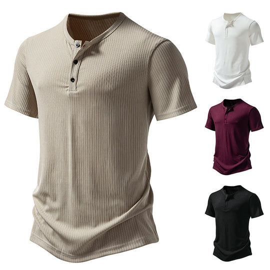 Herren stylisches Kurzarm-Henley-Shirt mit strukturiertem Design und zwei Knopf-Details EB