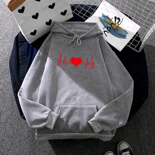 Unisex nan oversized Kapuzenpullover mit Herz-EKG-Print und Kängurutasche EB