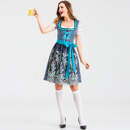 Damen nan traditionelles Kurzdirndl mit Spitzenärmeln, Schnürung und floraler Schürze EB