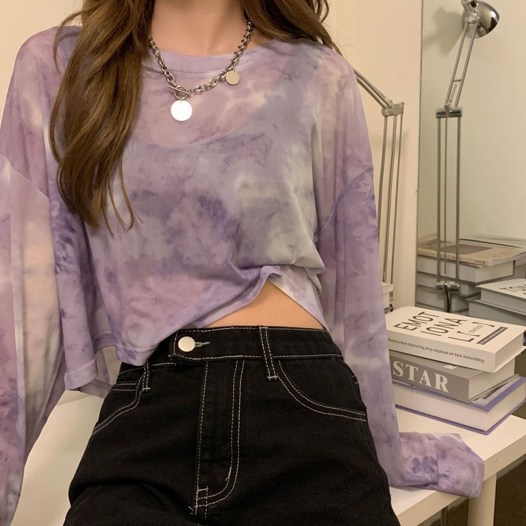 Damen cropped Sweatshirt im modernen Batikdesign mit weiten Ärmeln und Rundhalsausschnitt EB