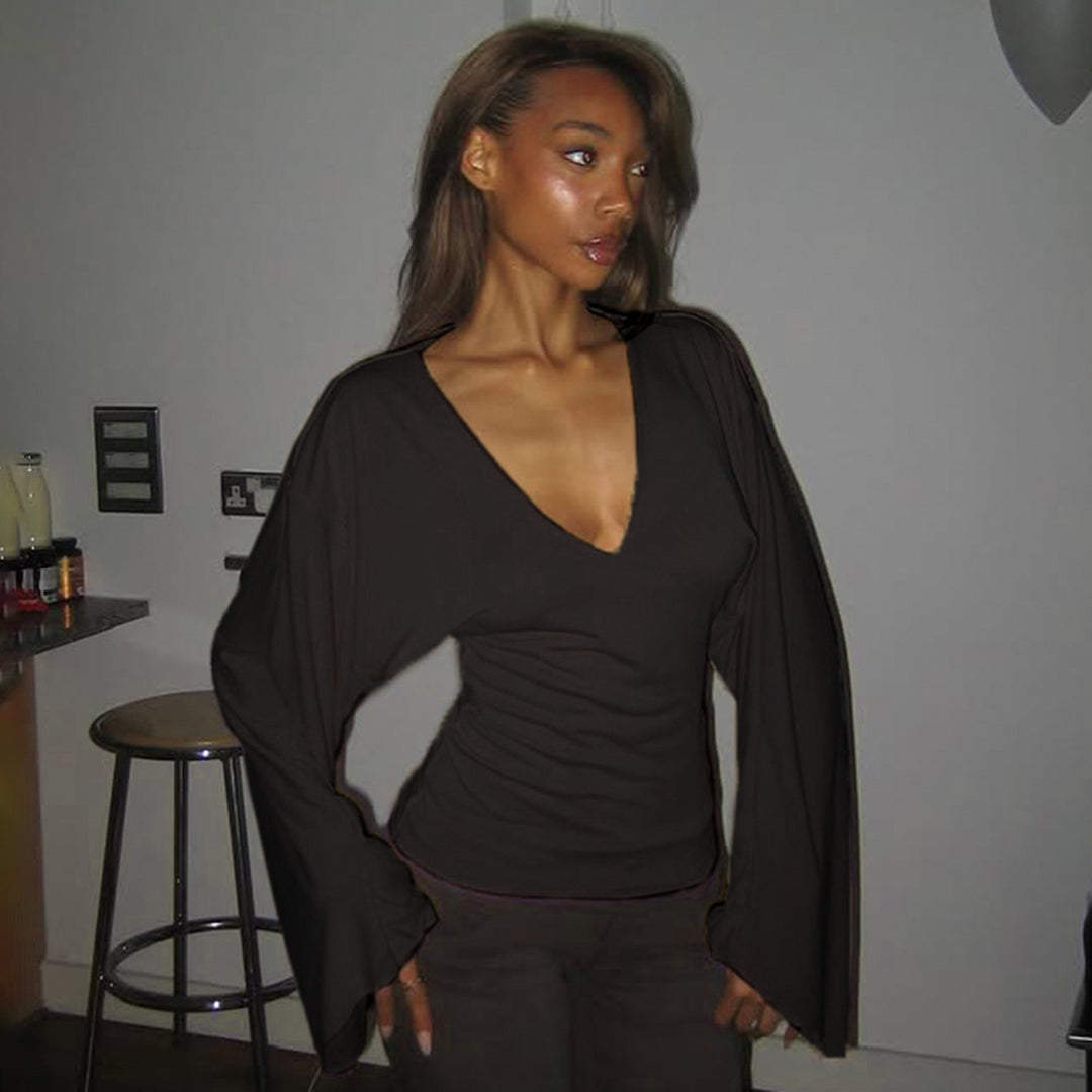 Damen nan tailliertes Langarm-Cropped-Shirt mit V‑Ausschnitt, überschnittener Schulter und soften Jersey-Qualität EB