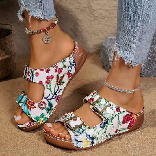 Damen komfortable Sandalen mit floralem Print und verstellbaren Riemen EB