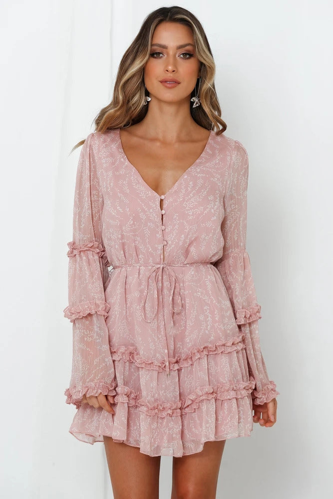 Damen Rüschenkleid mit langem, transparentem Ärmel und Bindegürtel EB