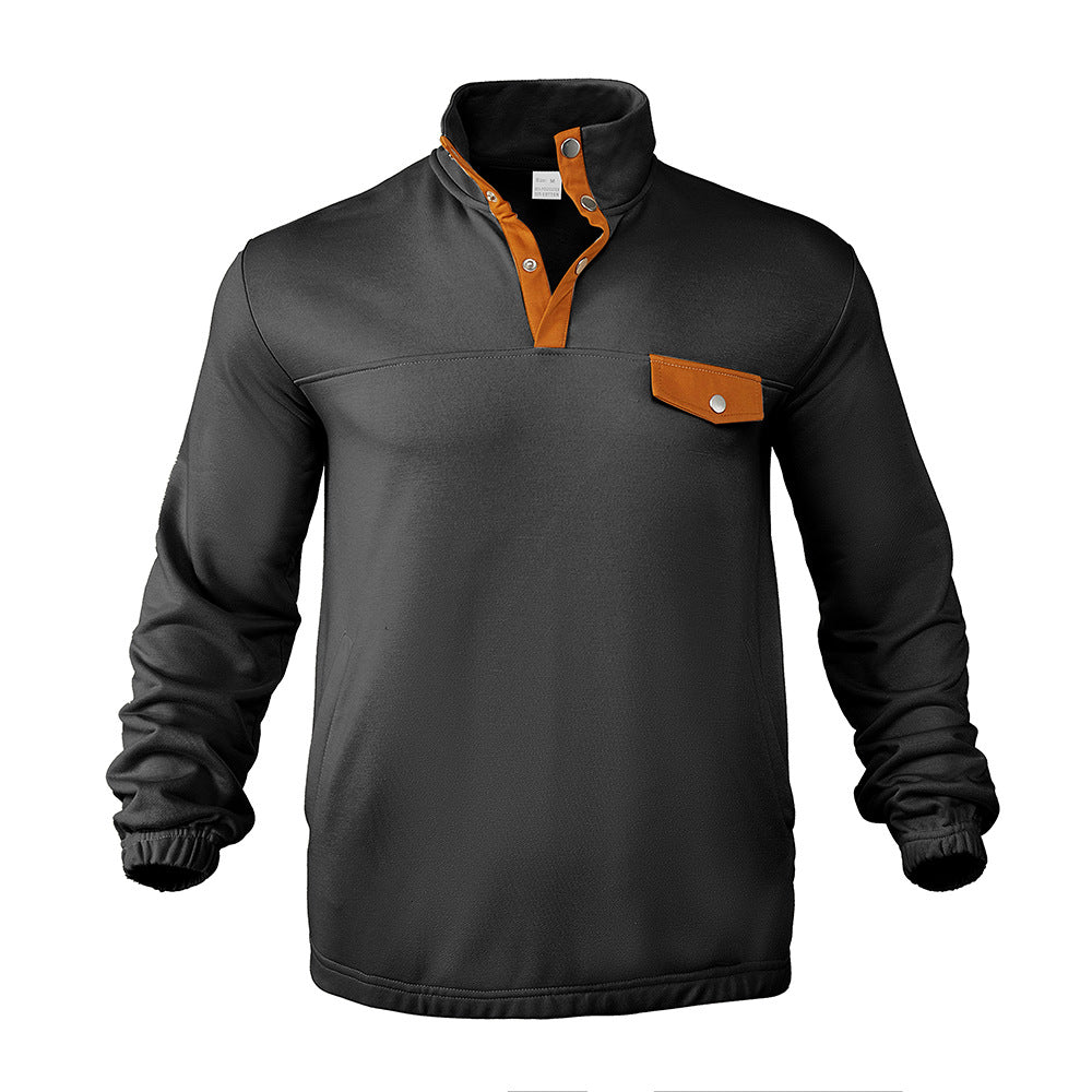 Herren nan Stehkragen-Henley-Sweatshirt mit Druckknopfleiste und aufgesetzter Brusttasche EB