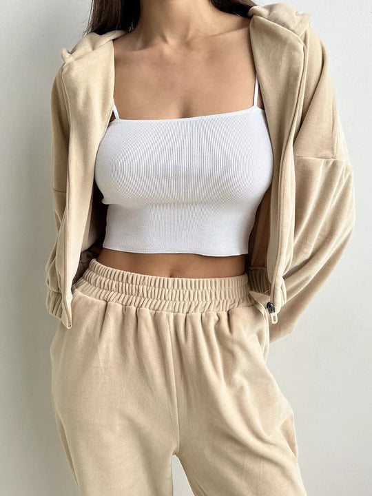 Damen luxuriöser Samt-Trainingsanzug mit geraffter Bomberjacke und High-Waist Jogginghose EB