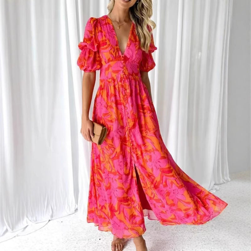 Damen Maxikleid mit Blumenmuster und V-Ausschnitt EB