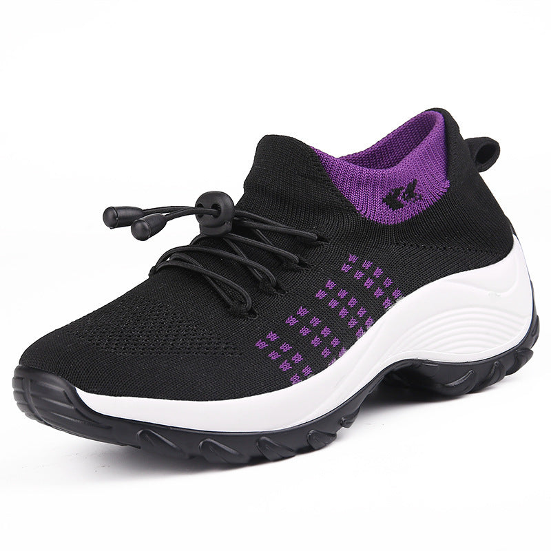 Damen gestrickte Slip-On Sneaker mit Schnellzugkordel, elastischem Schaft und stoßdämpfender Plateau-Sohle EB