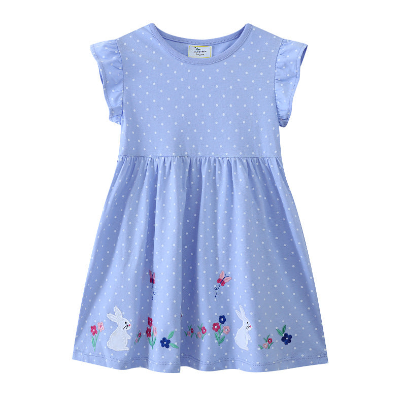 Mädchen Kurzarm Kleid mit fließendem Schnitt und süßem Hasenmotiv EB