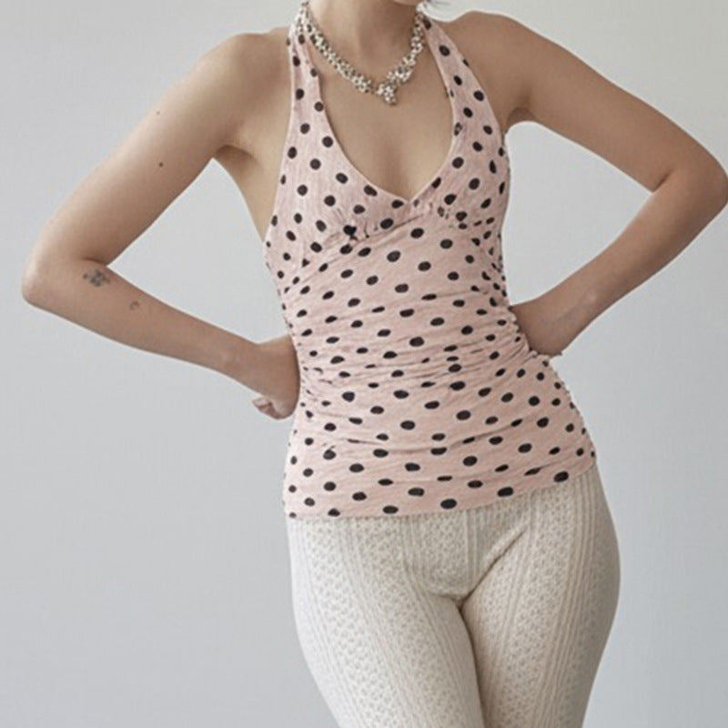 Damen Spaghetti-Trägertop mit Rüschen und verspieltem Punkte-Design EB