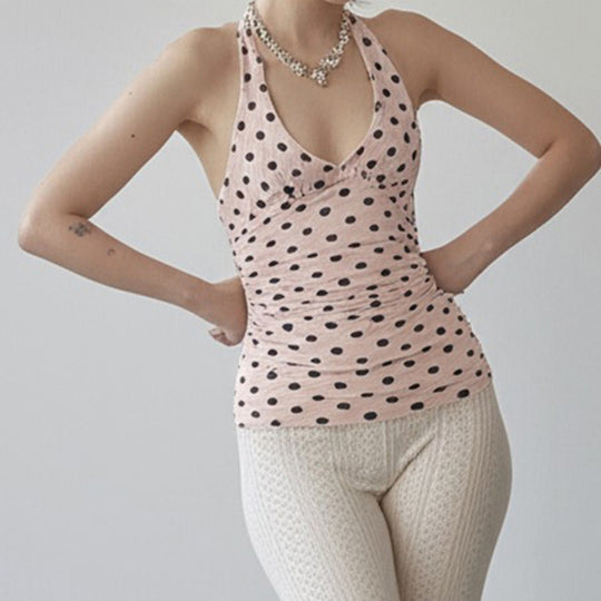 Damen Spaghetti-Trägertop mit Rüschen und verspieltem Punkte-Design EB