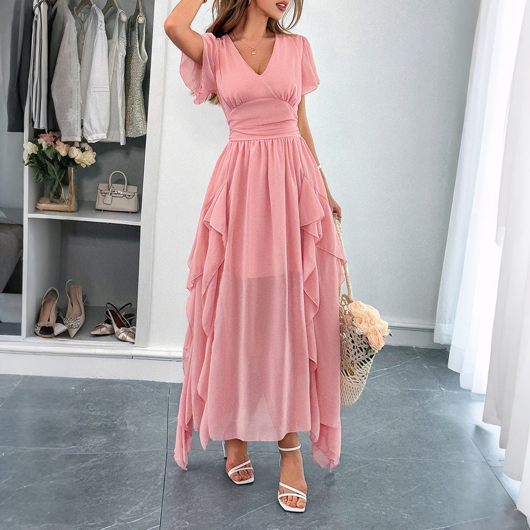 Damen Maxi-Kleid mit fließendem Rüschendesign und V-Ausschnitt EB