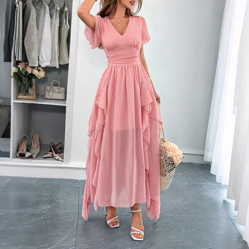 Damen Maxi-Kleid mit fließendem Rüschendesign und V-Ausschnitt EB