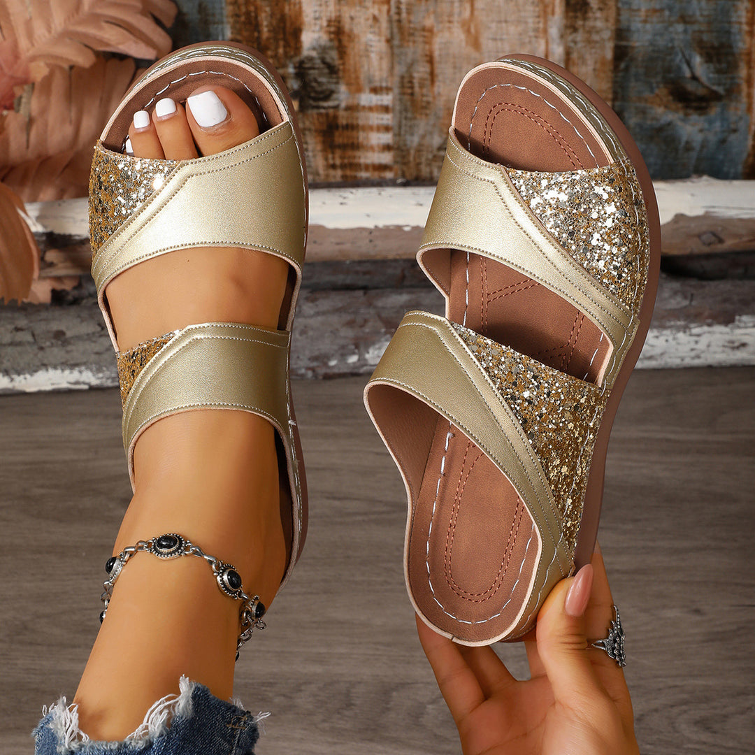 Damen Sandalen mit schimmernden Glitzer-Akzenten und komfortablem Fußbett EB
