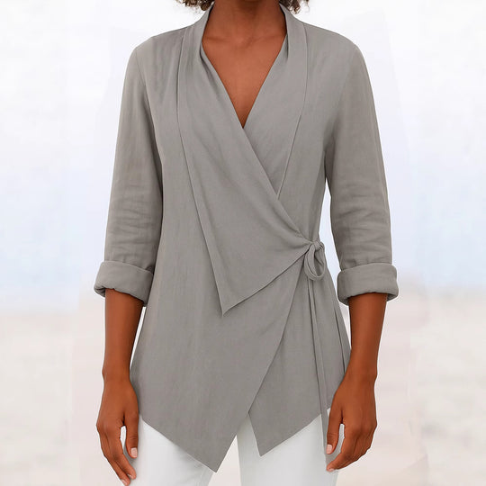 Damen Asymmetrische Wickelbluse mit Schalkragen und 3/4-Ärmeln EB