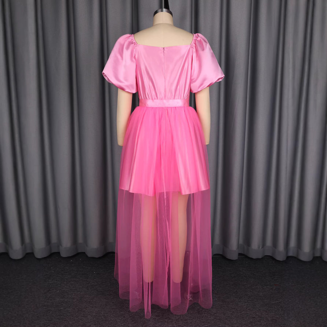 Damen Elegantes Tüllkleid mit Puffärmeln und Schleifenbindung EB