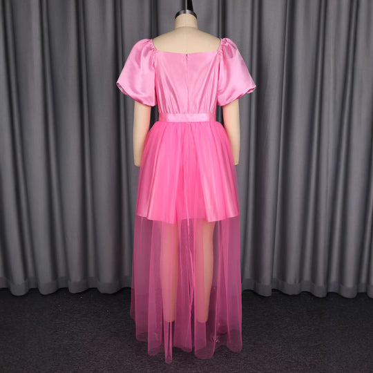 Damen Elegantes Tüllkleid mit Puffärmeln und Schleifenbindung EB