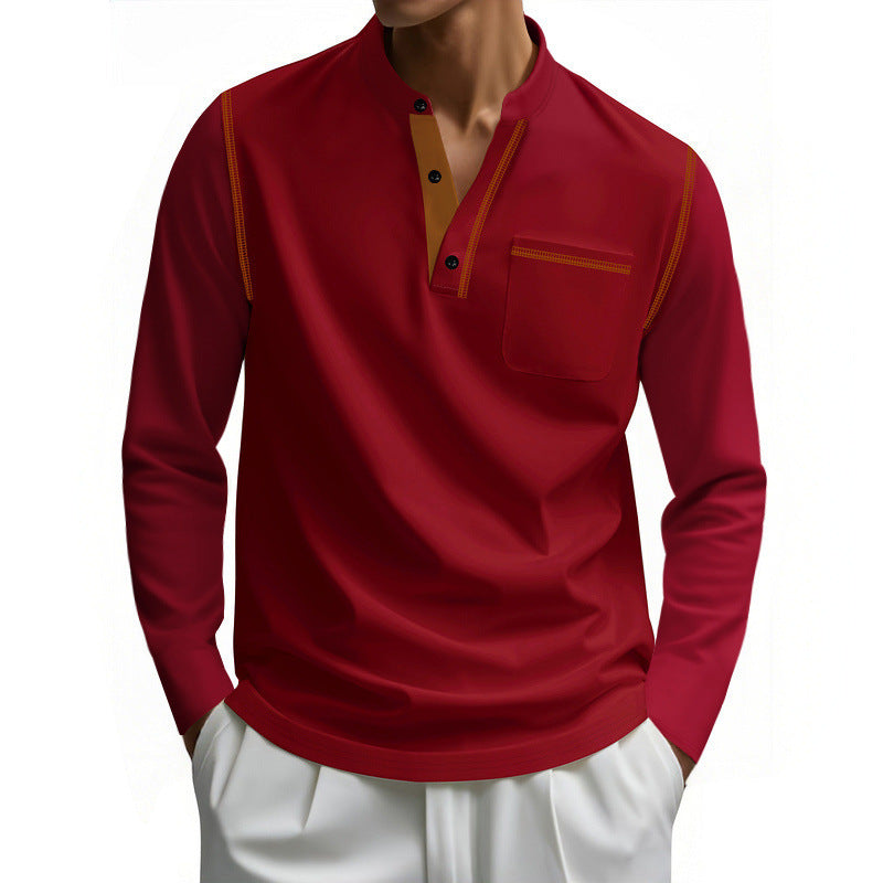 Herren nan langärmeliges Baumwoll-Henley mit Stehkragen Brusttasche und Ziernähten EB