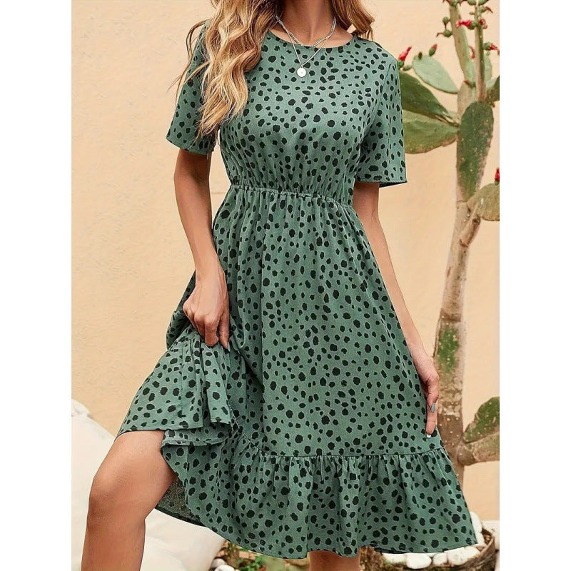 Damen Sommerliches A-Linien Kleid mit Rüschensaum und Punkten EB