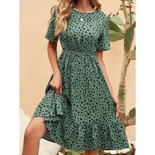 Damen Sommerliches A-Linien Kleid mit Rüschensaum und Punkten EB