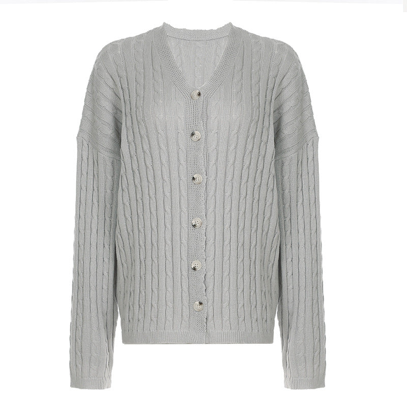 Damen nan Zopfmuster-Cardigan mit V-Ausschnitt, überschnittener Schulter und durchgehender Knopfleiste EB