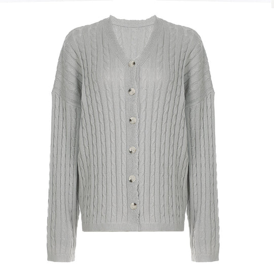 Damen nan Zopfmuster-Cardigan mit V-Ausschnitt, überschnittener Schulter und durchgehender Knopfleiste EB