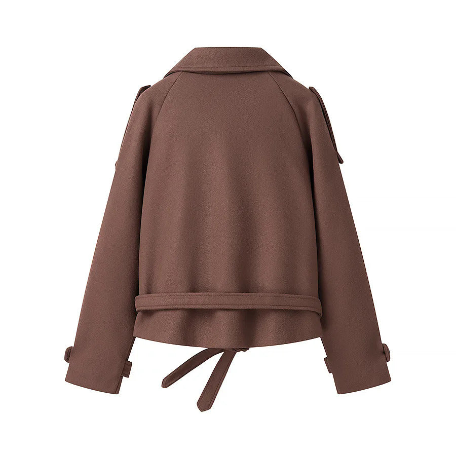 Damen elegante Kurzmantel mit doppelter Knopfreihe und Taillengürtel EB
