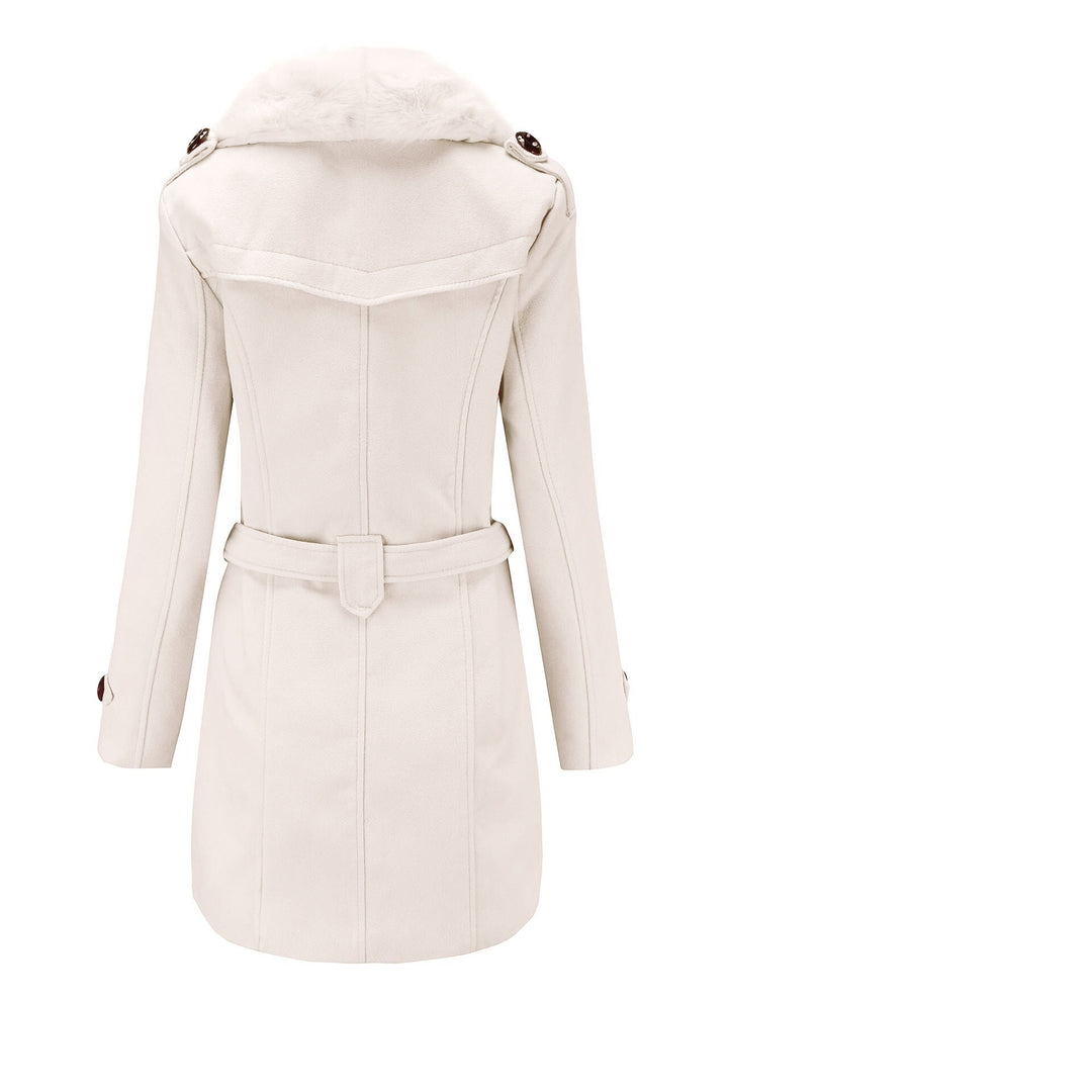 Damen eleganter Trenchcoat mit Kunstpelzkragen und Taillengürtel EB