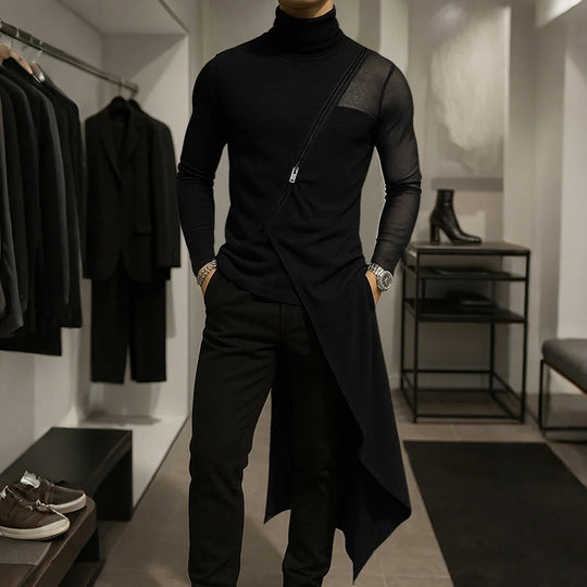 Damen nan avantgardistisches Longshirt mit schrägem Reißverschluss, Stehkragen und unregelmäßigem Zipfelsaum EB