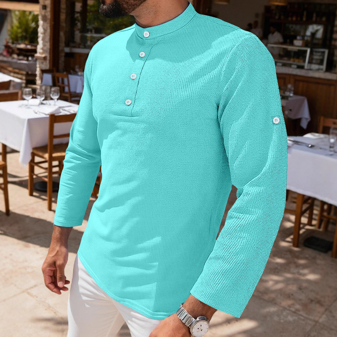 Herren nan strukturiertes Langarm-Henley mit Nehru-Kragen und Ton-in-Ton-Knopfleiste EB