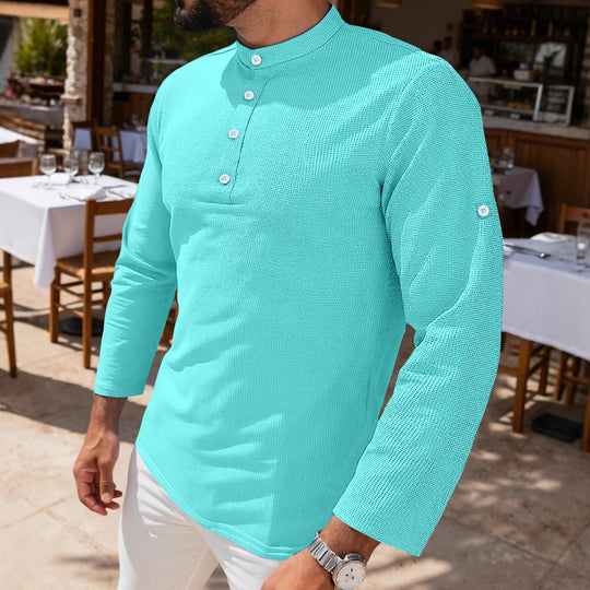 Herren nan strukturiertes Langarm-Henley mit Nehru-Kragen und Ton-in-Ton-Knopfleiste EB