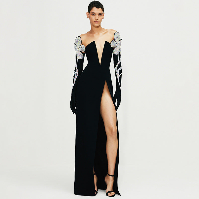 Damen Elegantes Abendkleid mit glitzernden Flügel-Applikationen und tiefem V-Ausschnitt EB