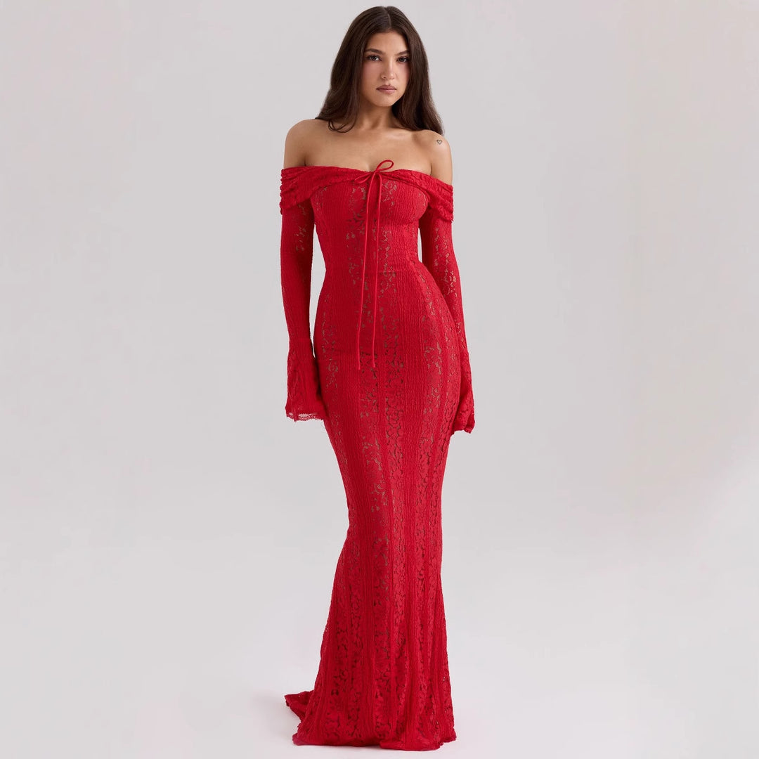 Damen Elegantes Spitzenkleid im figurbetonten Schnitt mit Off-Shoulder Design EB
