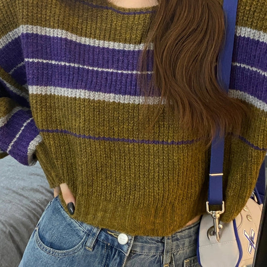 Damen kurz geschnittener Strickpullover mit horizontalem Streifenmuster EB