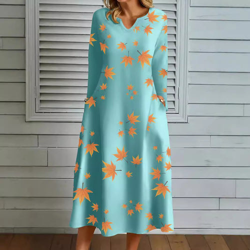 Damen Maxikleid mit V-Ausschnitt und herbstlichem Blattdesign EB