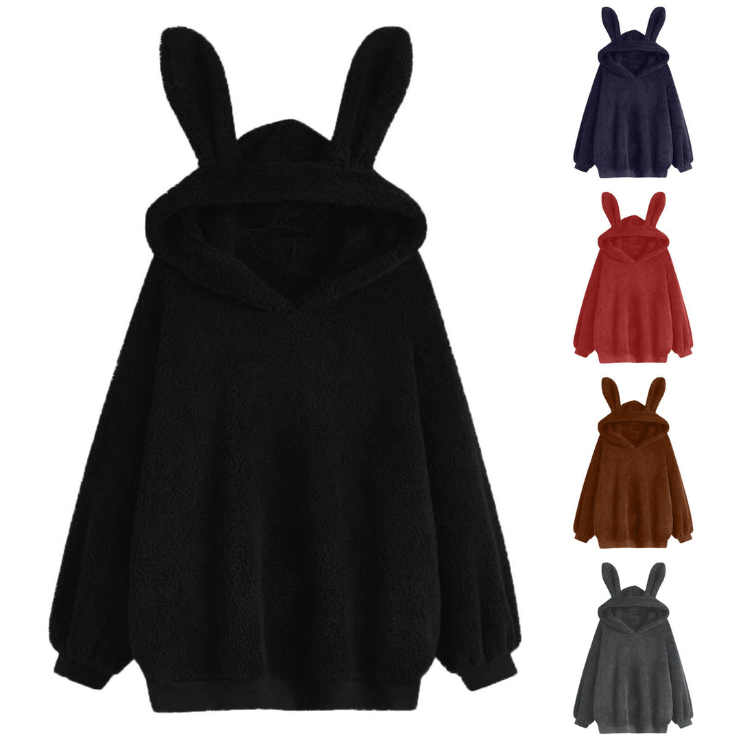 Damen nan flauschiger Oversize-Kapuzenpullover mit langen Hasenohren und gerippten Bündchen EB