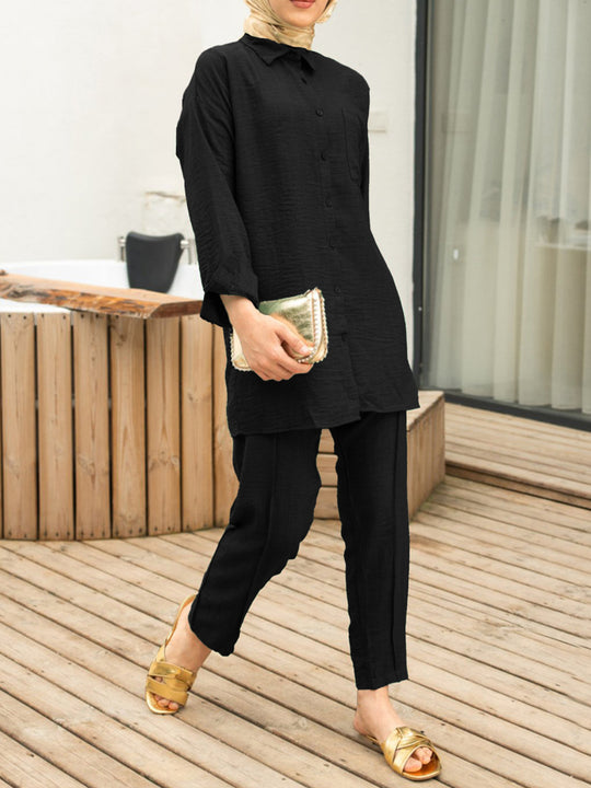 Damen Langes Tunika-Hemd mit Kentkragen und durchgehender Knopfleiste EB