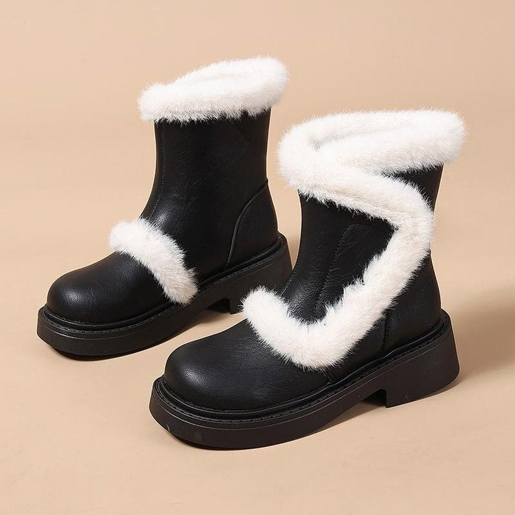 Damen Modische Winterstiefel mit luxuriösem Kunstfellkragen EB