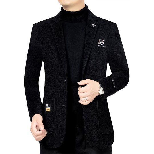 Herren Bouclé-Sakko mit kontrastierendem Satin-Innenfutter und Bruststickerei EB