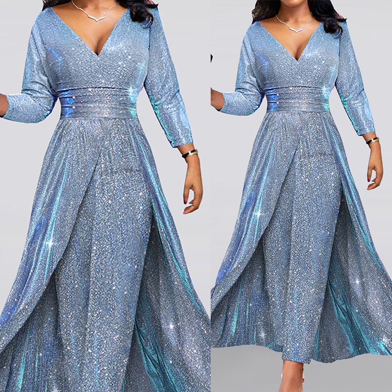 Damen Glitzerndes Maxikleid mit eleganter Teilung und schimmerndem Stoff EB