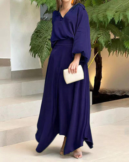 Damen Elegantes Wickelmaxikleid mit weit ausgestellten Ärmeln und V-Ausschnitt EB