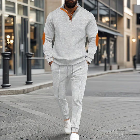 Herren nan feinstrukturiertes Halbkragen-Sweatshirt mit Knopfleiste, dekorativen Ellbogenpatches und legerem Saumabschluss EB